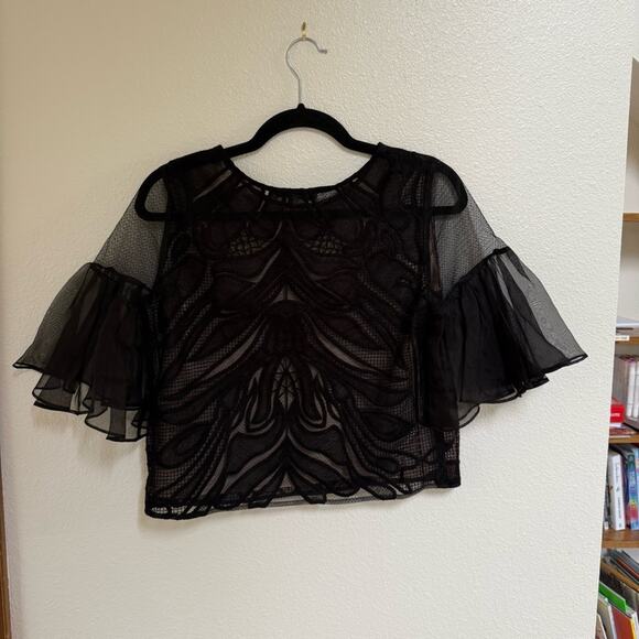 Alexis Leonard Organza-Sleeve Lace Top in Black Size S - Picture 2 of 3